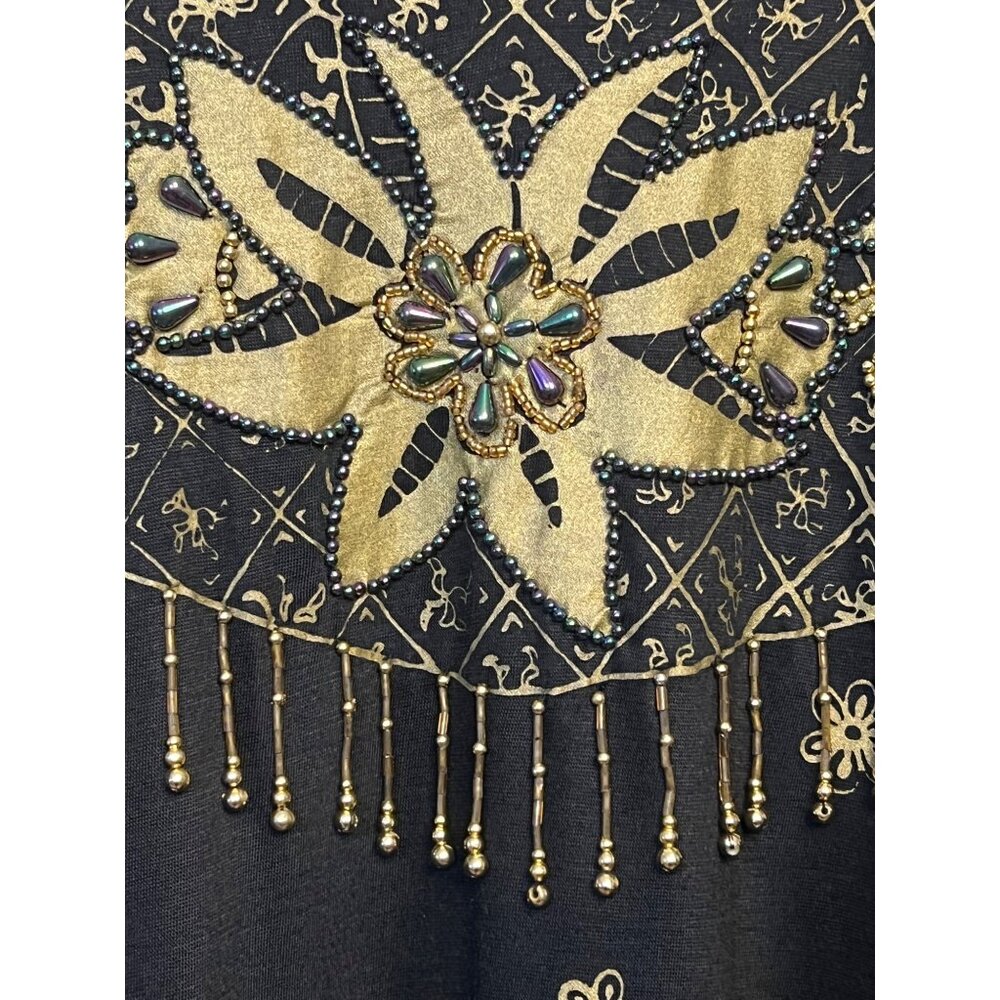 VTG Zell Ucci Bali Collection Top All Size Black & Gold Floral Beed's Party Off - Picture 4 of 8